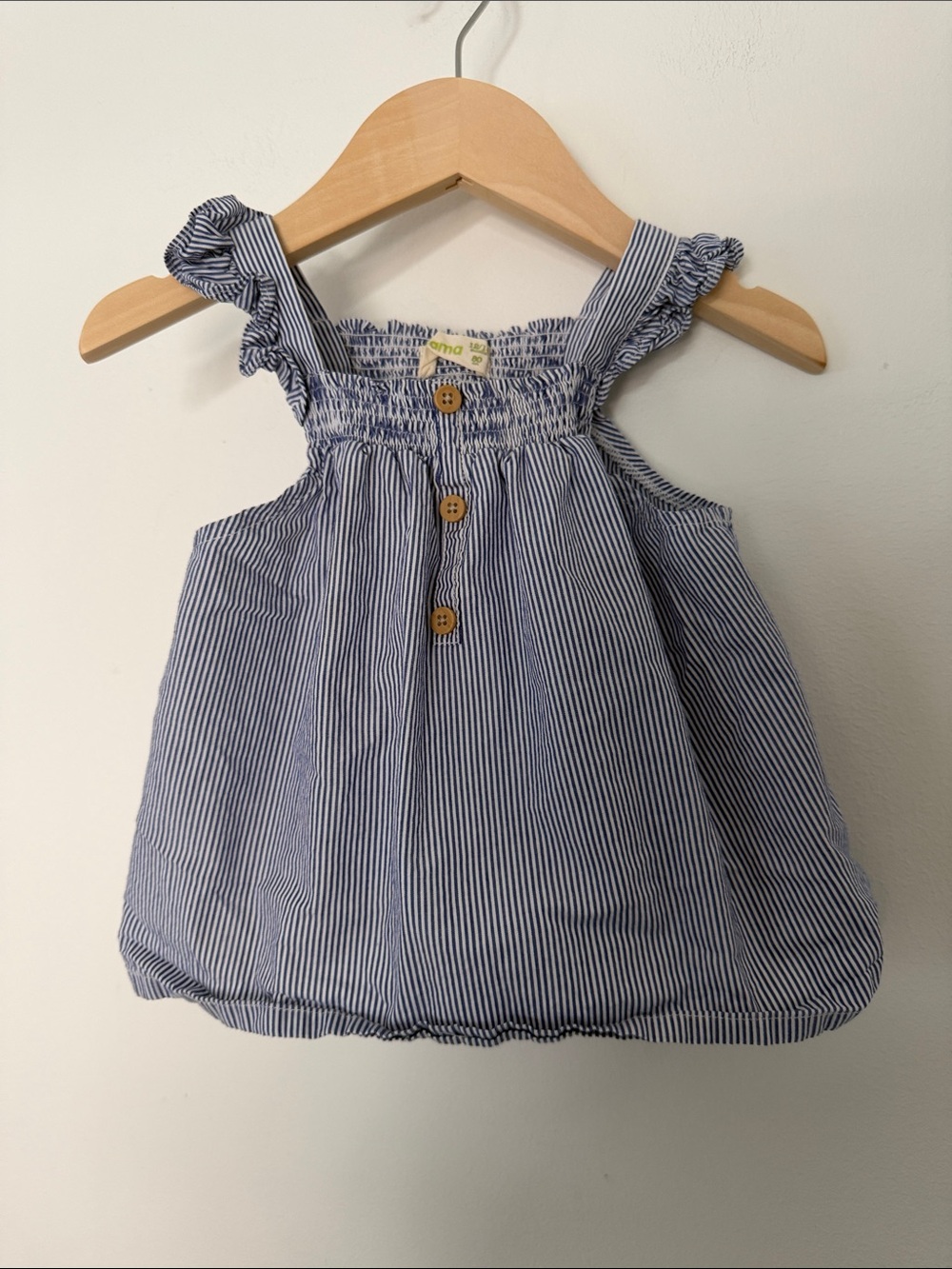 AIMAMA Pin Striped Baby Sun Top Ruffle Straps Blue & White 100% Cotton 12-18m